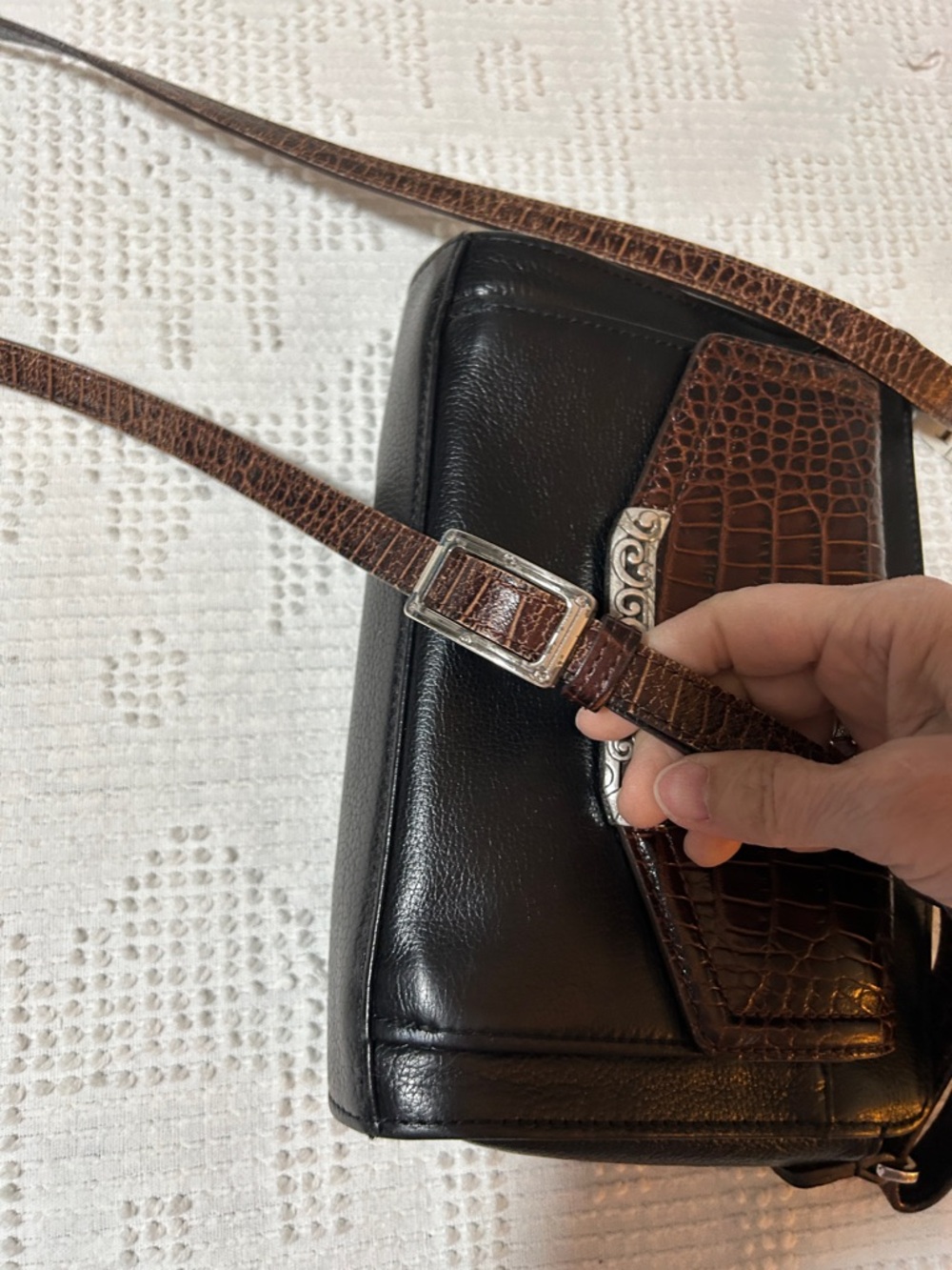 Brighton Black and Dark Brown Leather Crossbody Bag - Picture 9 of 9